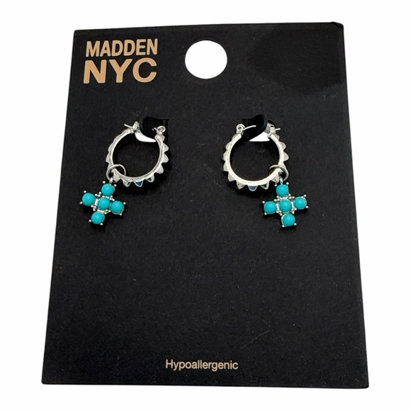 Silver Huggie Hoop Earrings Blue Cross Charm Dangle - Picture 2 of 10